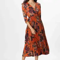 

Women New Half Sleeve V Neck Printed Pleated Midi Dress Lady