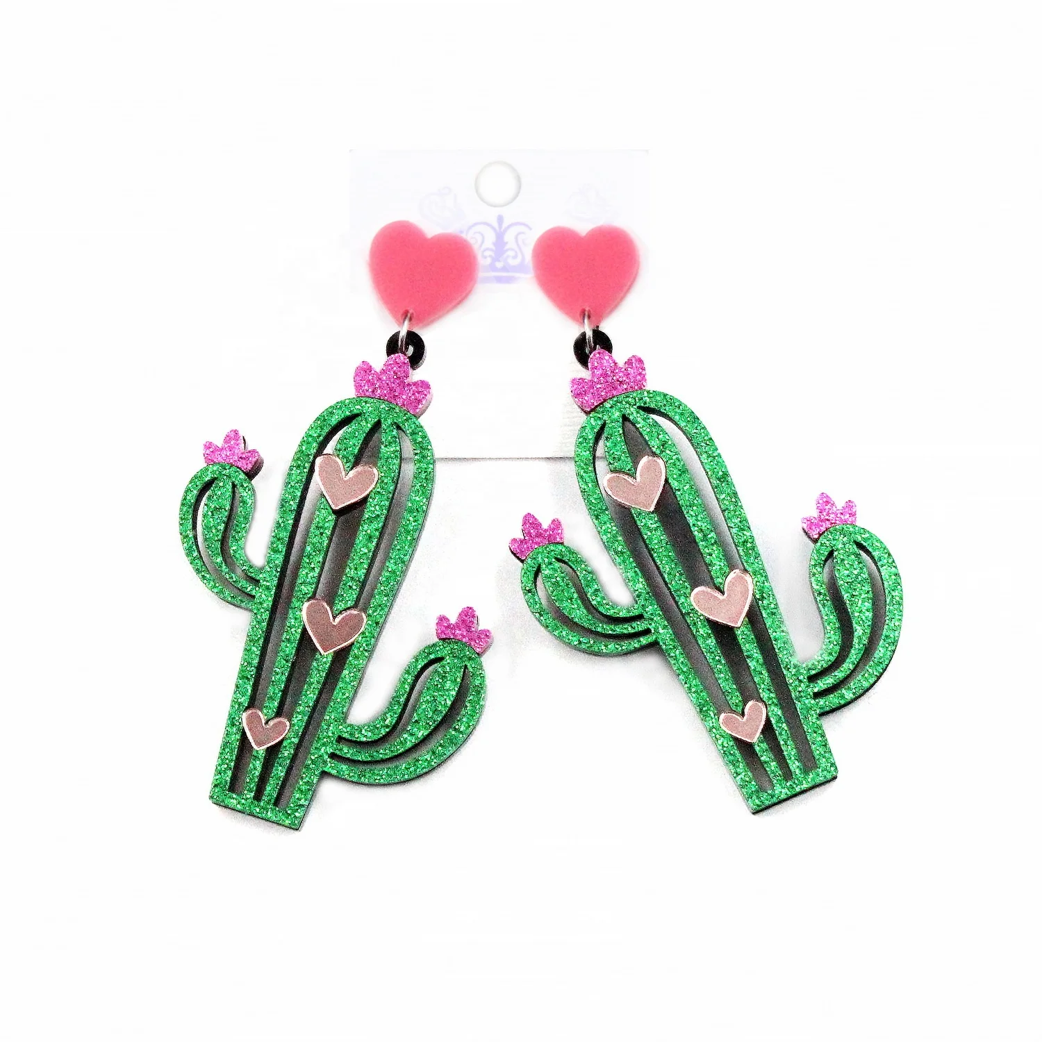 

Cactus Dangle Earrings Mirror Heart Green Glitter Cactus Acrylic Earrings, Multi-color