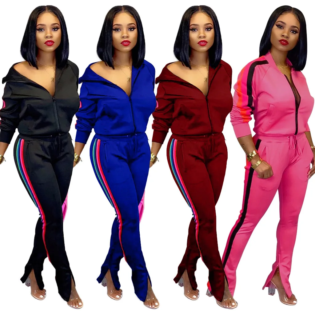 

Two Piece Set Women Clothing Sweat Suits Zipper Jacket Side Stripe Jogging Set for Women Activewear Sets Sexy Clothes RS00632