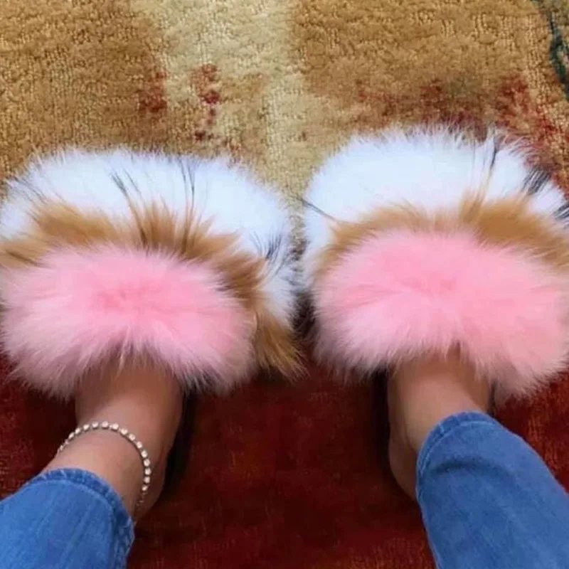 

Hot Selling furry slippers pink and white multi color big full fur brown fluffy real racoon fur slides