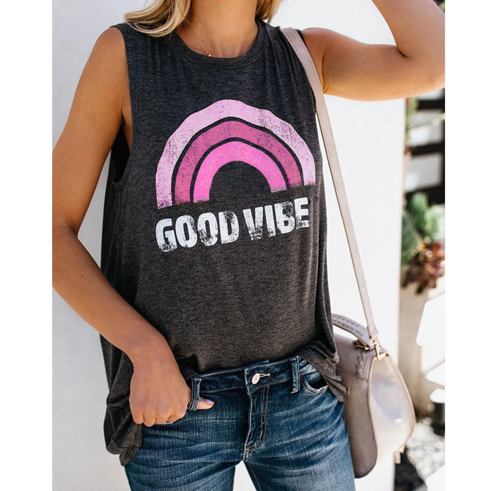 

GOOD VIBES Letter Print Round Neck Women's T-shirts Rainbow Sleeveless Tank T-shirt Ladies' Blouses Tops