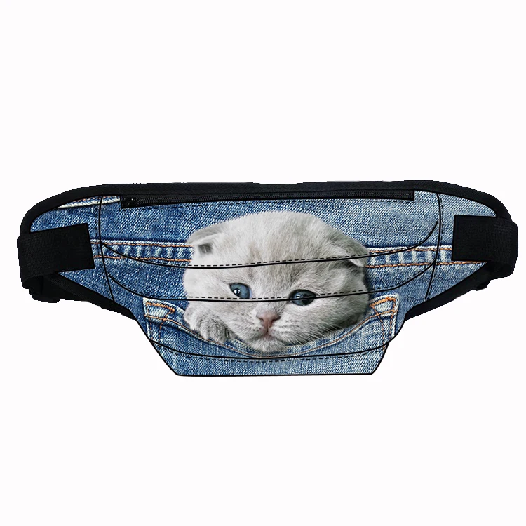 

Lovely cat design printing custom travel waist bag with multi compartment large capacity lightweight fanny packs, Customized