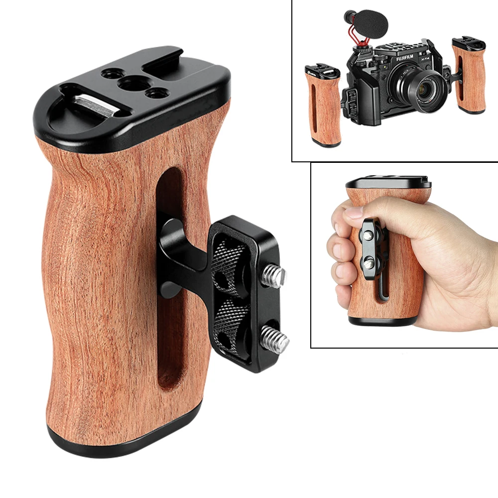 

Camera Cage Side Handle Grip Wooden Mini Handle Side Handgrip Mount with Cod Shoe 1/4 3/8 Thread Holes for Camera Cage