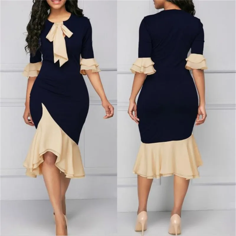 

China Wholesale Plus Size 2021 Fashion Blue Knee-Length Office Dress