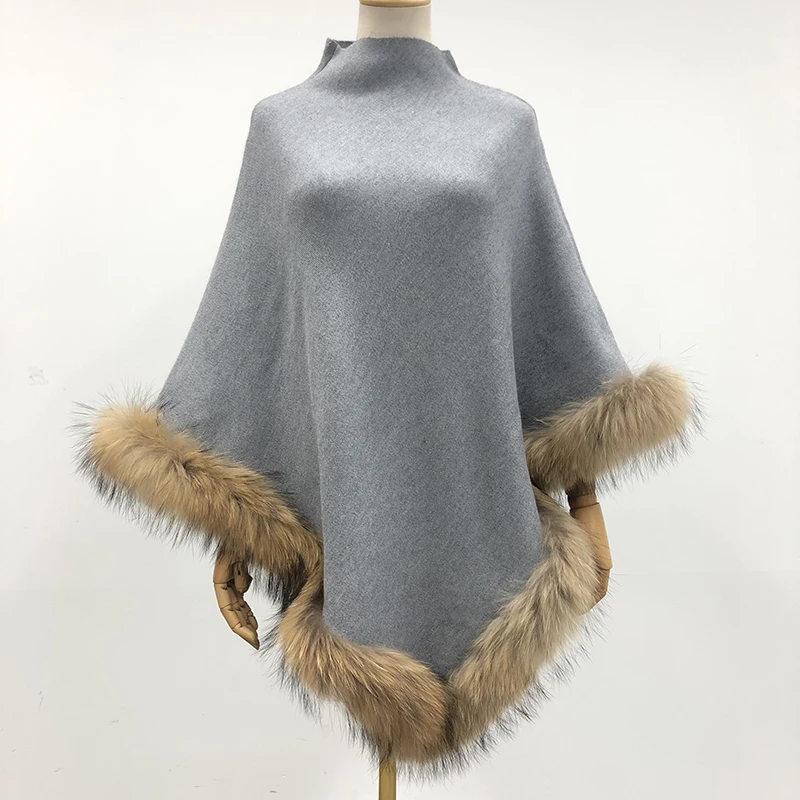 

Winter Women Plus Size Warm Knitted Wool Real Raccoon Fur Trim Pullover Poncho Sweater, Picture ,can custom