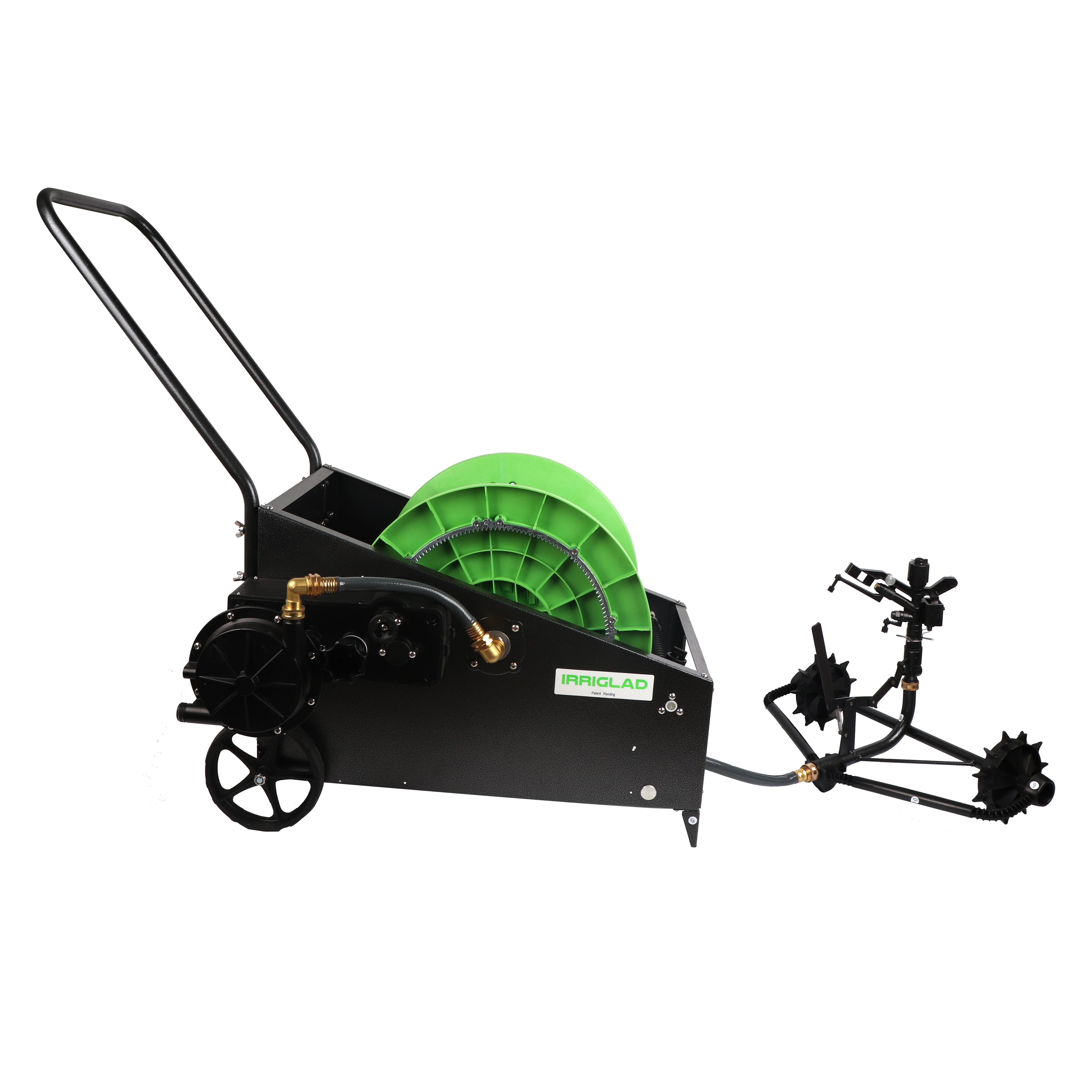 

Fully Automatic Hose reel watering cart Steel Frame Travelling Sprinkler with Lawn travelling irrigator agriculture, Black+green