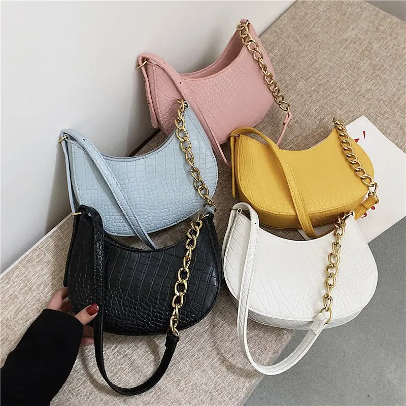 

New Designer Underarm Bag Women Borsa a tracolla Half Moon Stylish Retro Crocodile Pattern Purse Cresent Handbags Female, White, black, pink, yellow, blue
