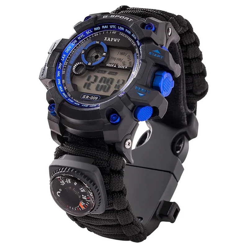 

Men and Women Digital Outdoor Sports Watches 7-in-1 Waterproof Emergency Survival Bracelet Watch
