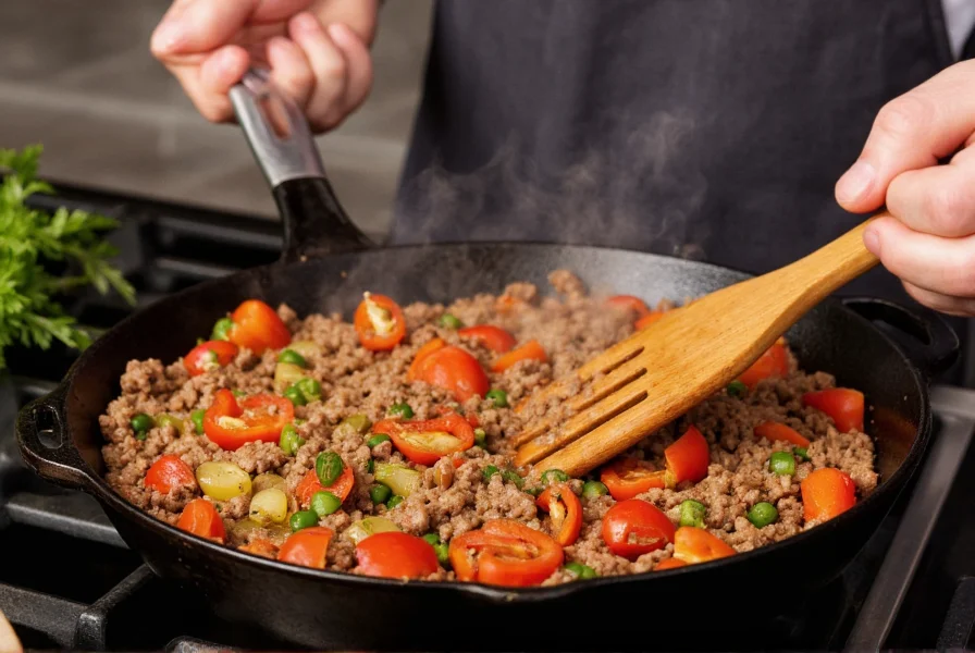 Professional chef cooking ground beef and bell peppers in cast iron skillet with vibrant colors