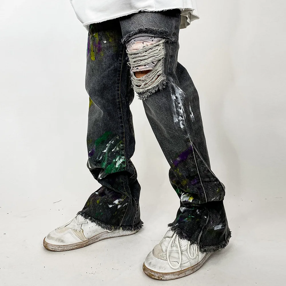 Customized High Quality Mens Black Shiny Stacked Wax Denim Jeans Buy