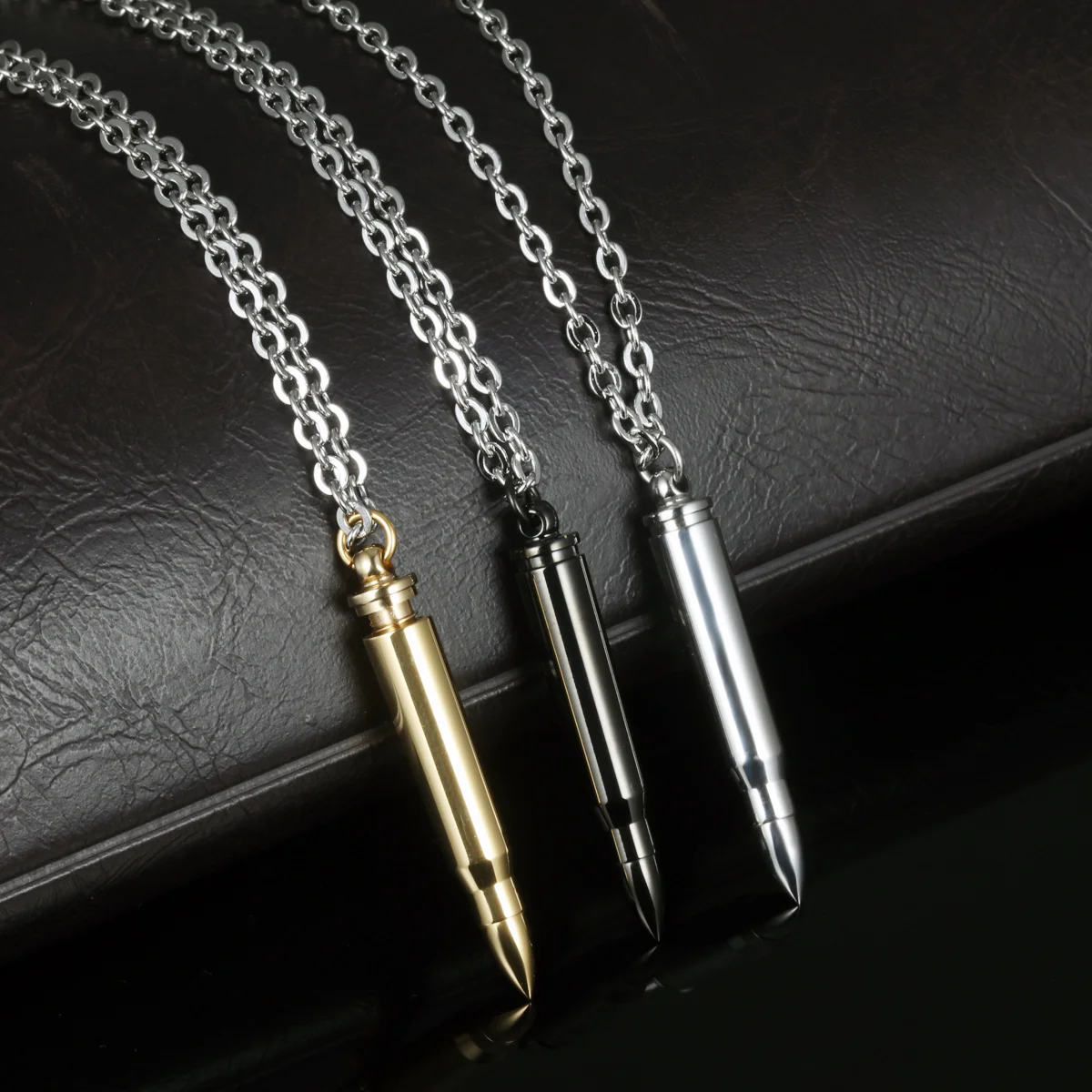 

Minimalist Bullet Memorial Keepsake Pendant for Men Boys Stainless Steel Urn Necklace for Ashes Cremation Jewelry with Chain, Silver black gold