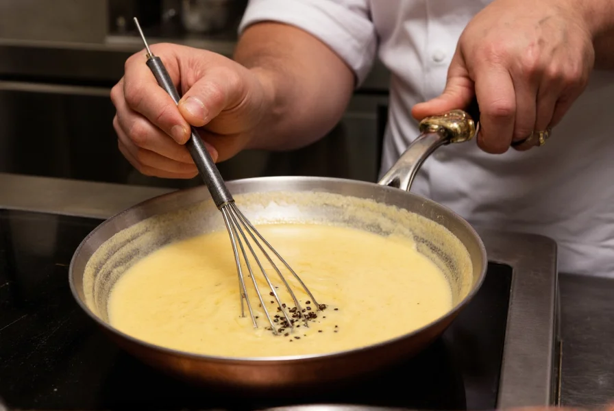 Professional chef whisking black pepper cream sauce in copper pan with fresh cracked pepper