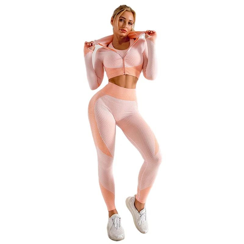 

3 Piece Sets Women's Seamless 20201 New Arrive GYM Running Tracksuit Shark High Neck Zipper Crop Top Fitness Yoga Sport Ladies, Customized