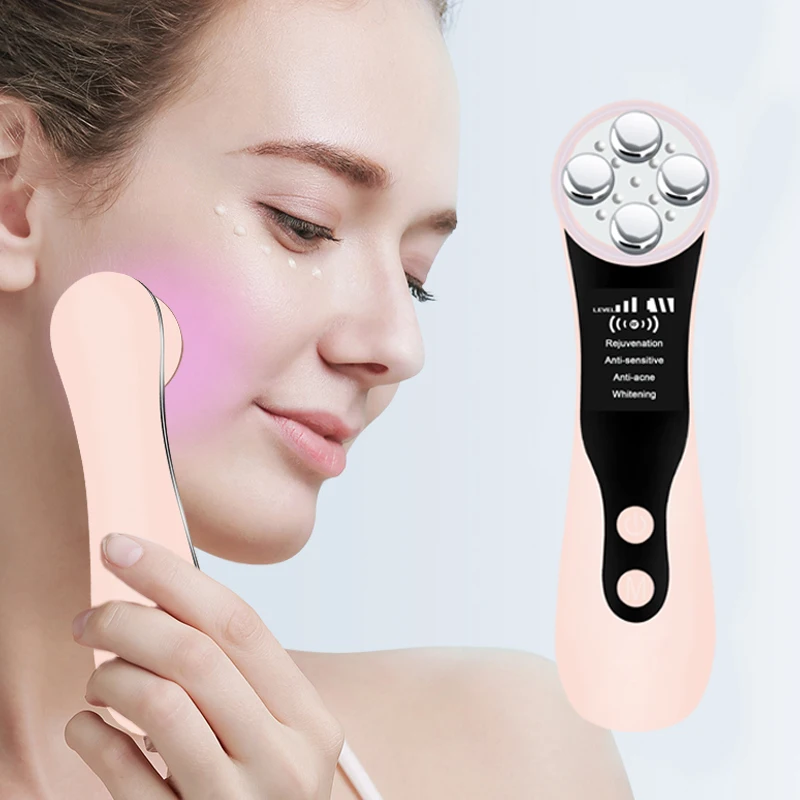 

High Frequency Ultrasonic Photon Rejuvenation Facial Firming Massager Face Lift RF Skin Tightening Microcurrent Facial Device, White, pink