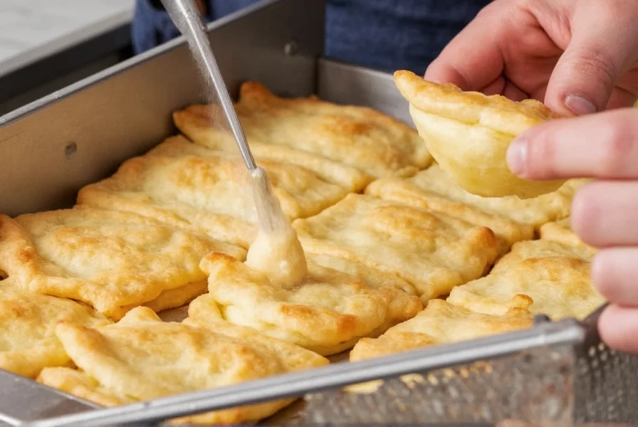 Golden sopapillas drizzled with honey on white plate