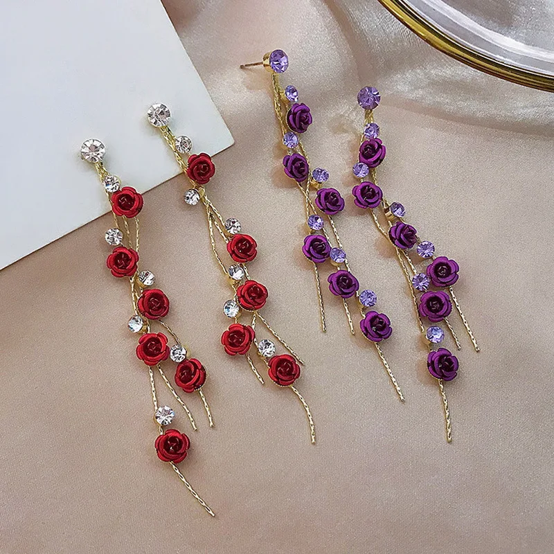 

New Charming Rhinestone Rose Flower Earrings Crystal Tassel Long Earrings For Women