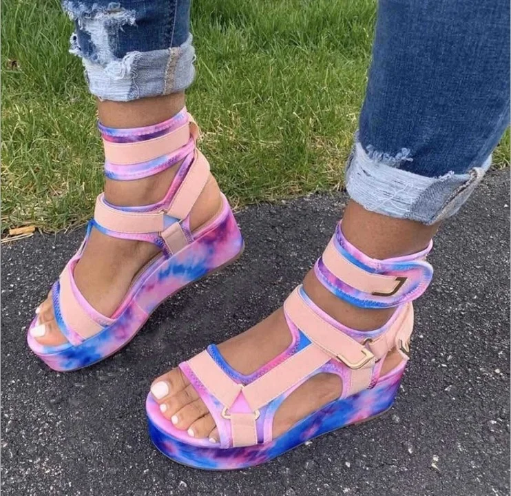 

2021 Hot Selling Colorful Sandals Women Shoes Summer Mid Heel Ladies Casual Shoes Wedge Chunky Gladiator Buckle Sandals Metal, Blue