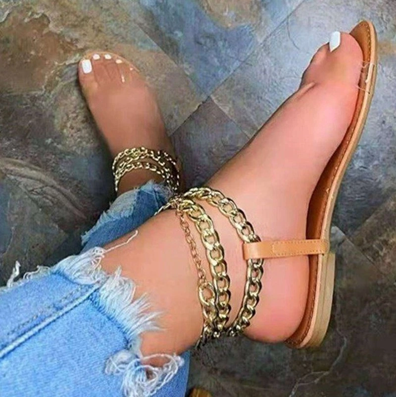 

Y109009 New Plus Size Beach Flat Bottom Sandals Women Round Toe Metal Chain Transparentes Sandals
