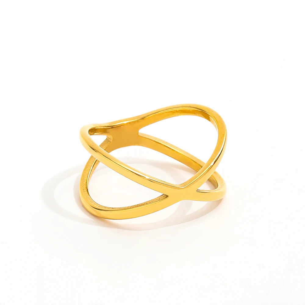Joolim High-End 18K Gold Plated Stainless Steel Double-Layer Cross Line Finger Rings for Women Trendy Style for Parties Gifts