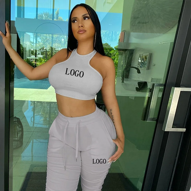 

Custom Logo Sexy Women 2 Piece Set Casual Sleeveless Bodysuit Women Crop Top Stack Pants Set Playsuit Outfits For Women