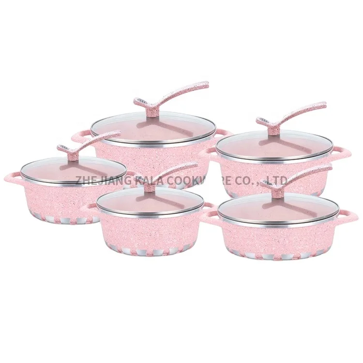 

Dessini 10Pcs insulated hot pot casserole set pink non stick cooking pot vertical knob die-cast aluminum granite cookware set, Customized color