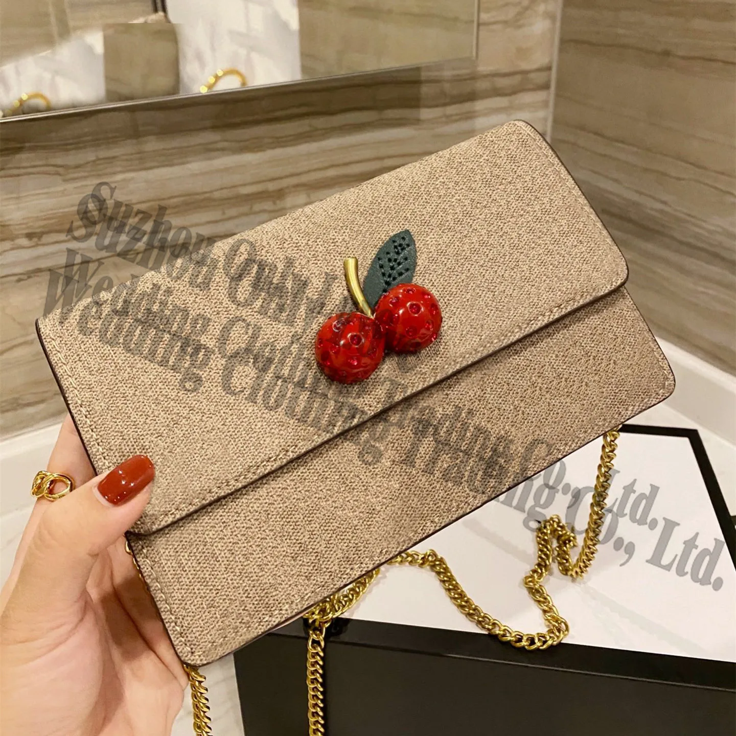 

Beautiful lady letters all over Square Clutch envelope bag Real Leather Flap Shoulder bags Woman Chain hand bags with cherry