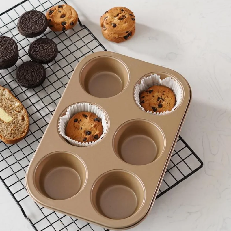 

Champagne Gold non-stick 6 Holes muffin cake can Baking Tray Heavy Carbon Steel Cake Pan Non-stick Cake Mold