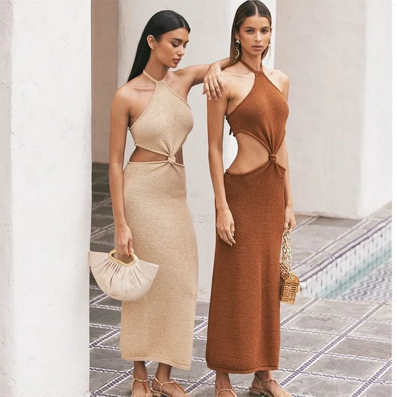 

102151 Women Summer Sexy Halter Backless Clothing Waist Hollow Out Long Knitted Beach Cocktail Dresses
