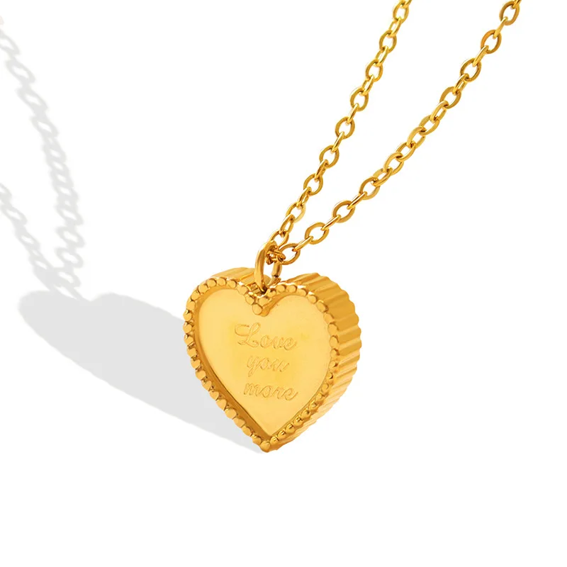 

Simple 18k Gold Plated Romantic Stainless Steel Heart Shape Necklace Letter Pattern Love You Heart Pendant Necklace