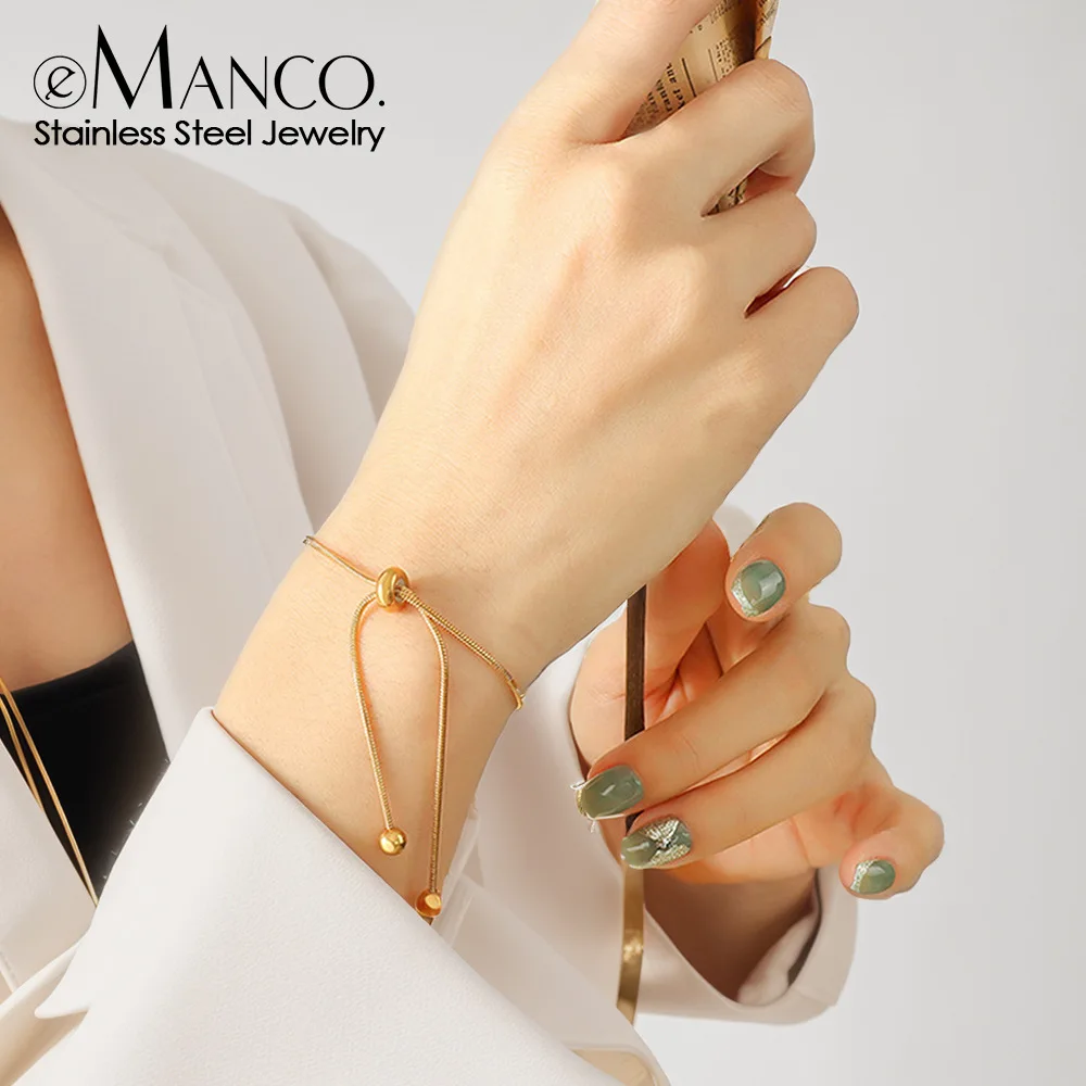 EManco Women's 18K Gold Plated Minimalist Stainless Steel Bracelet Adjustable Round Snake Chain with Steel Ball