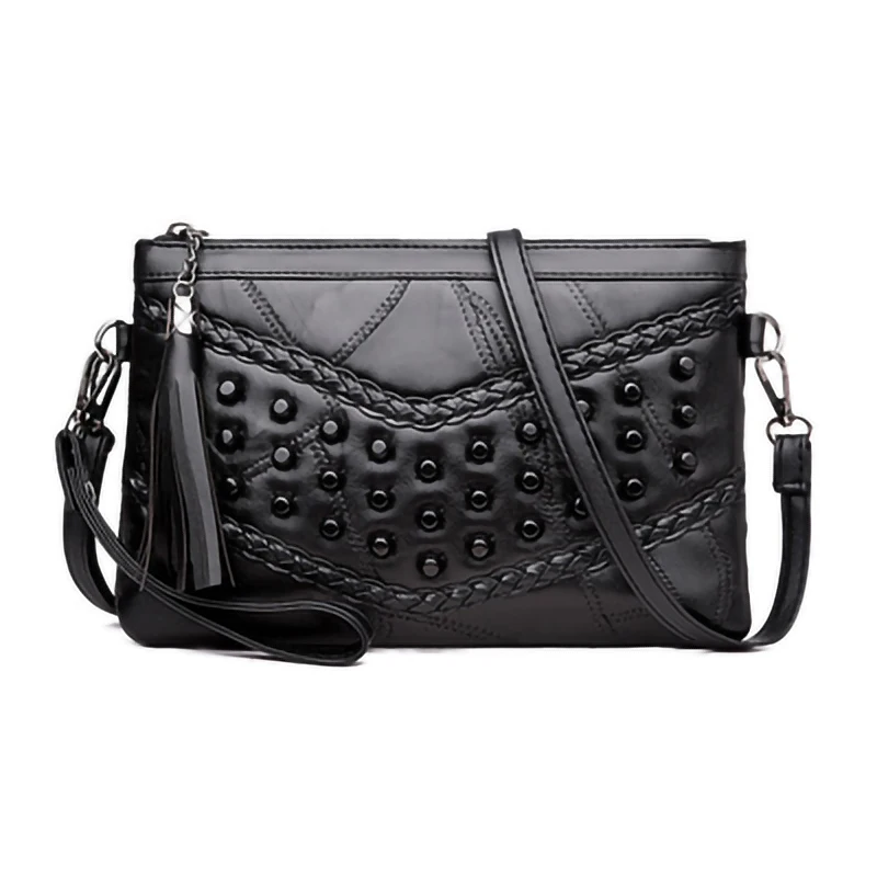 

New Amazon Selling Retro Trend Purse Soft Leather Tassel Shoulder Bag Rivet Leather Clutch Bag