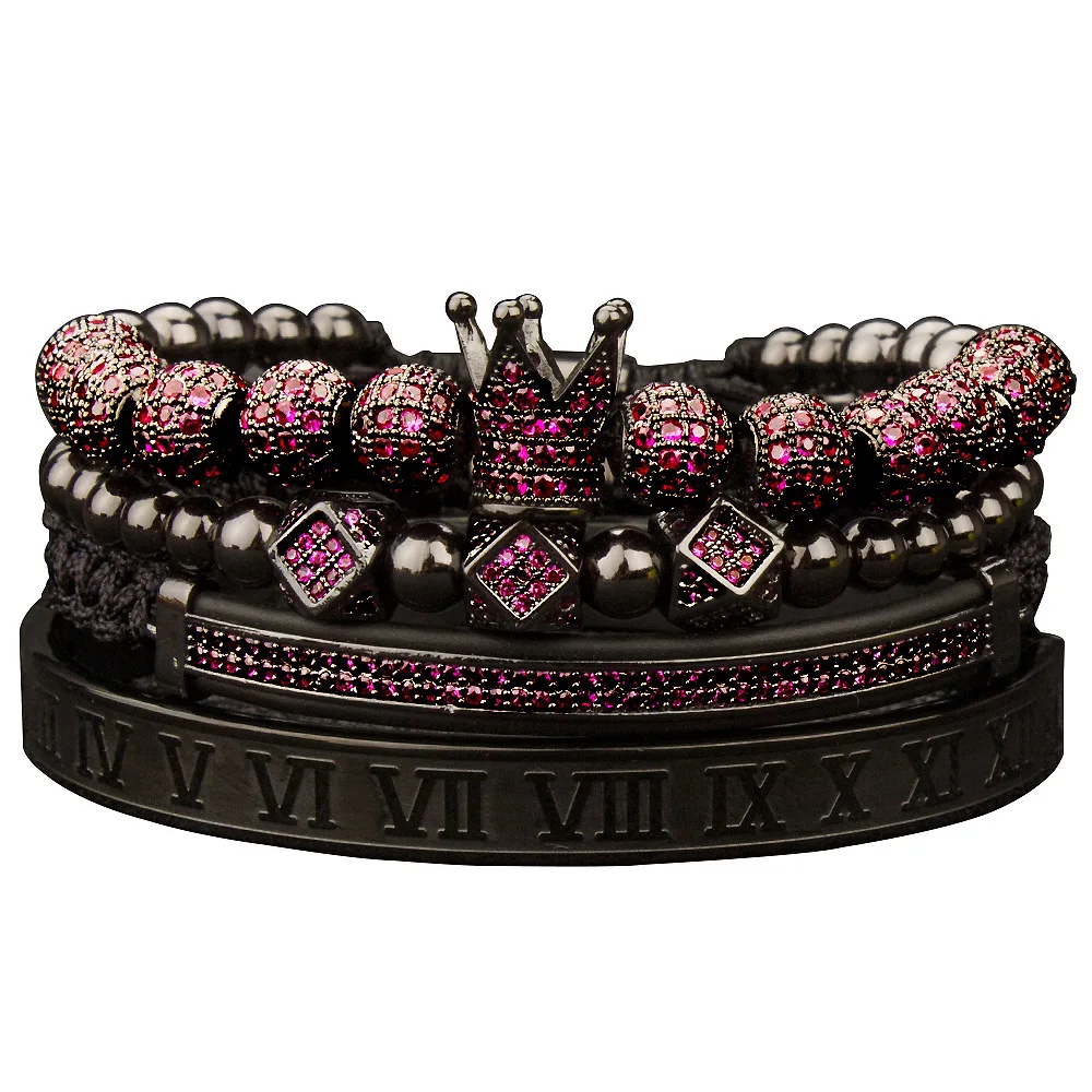 Selling punk style copper zirconium crown color diamond bangle  ball diamond double row crescent four-piece set bracelet