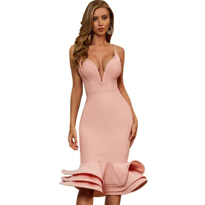 

Deep V Pink Women Sexy Bodycon High Quality Evening Dresses