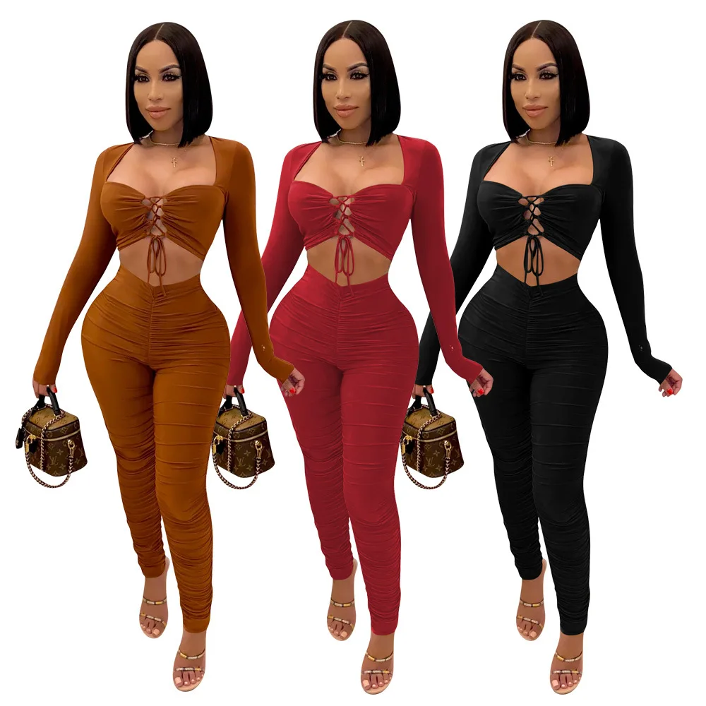 

Fashion Tracksuit Bandage Hollow Out Solid Color Outfits Long Sleeve Slim Fit Tight Sexy Two Piece Sets Women, Shown