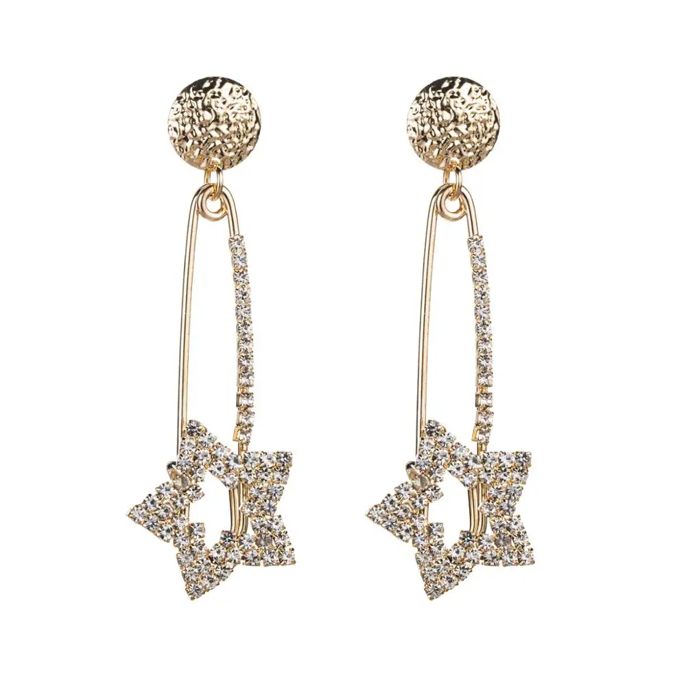 

New Design Delicate Fashion 18K Gold Plating Pin Shape Earrings Crystal Rhinestone Star Drop Earrings, Picture