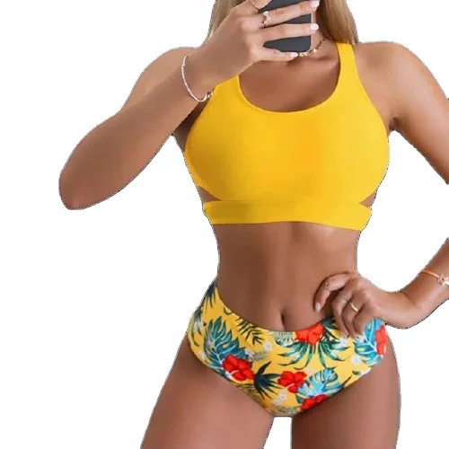 

Sexy Women Wireless Beachwear Scoop Neck Tropical Hollow-Out High-Waisted Removeable Padded bikini