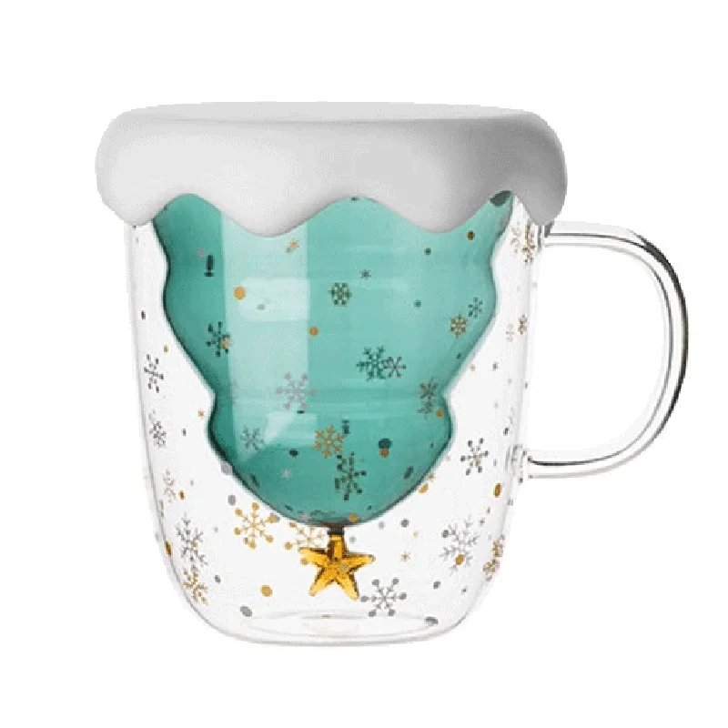 

Coffee Mug with Hand Christmas Tree Snow High Borosilicate Double Wall Glass 300ml 10 Oz Mugs Coffee. Tea. Beer. Water CLASSIC