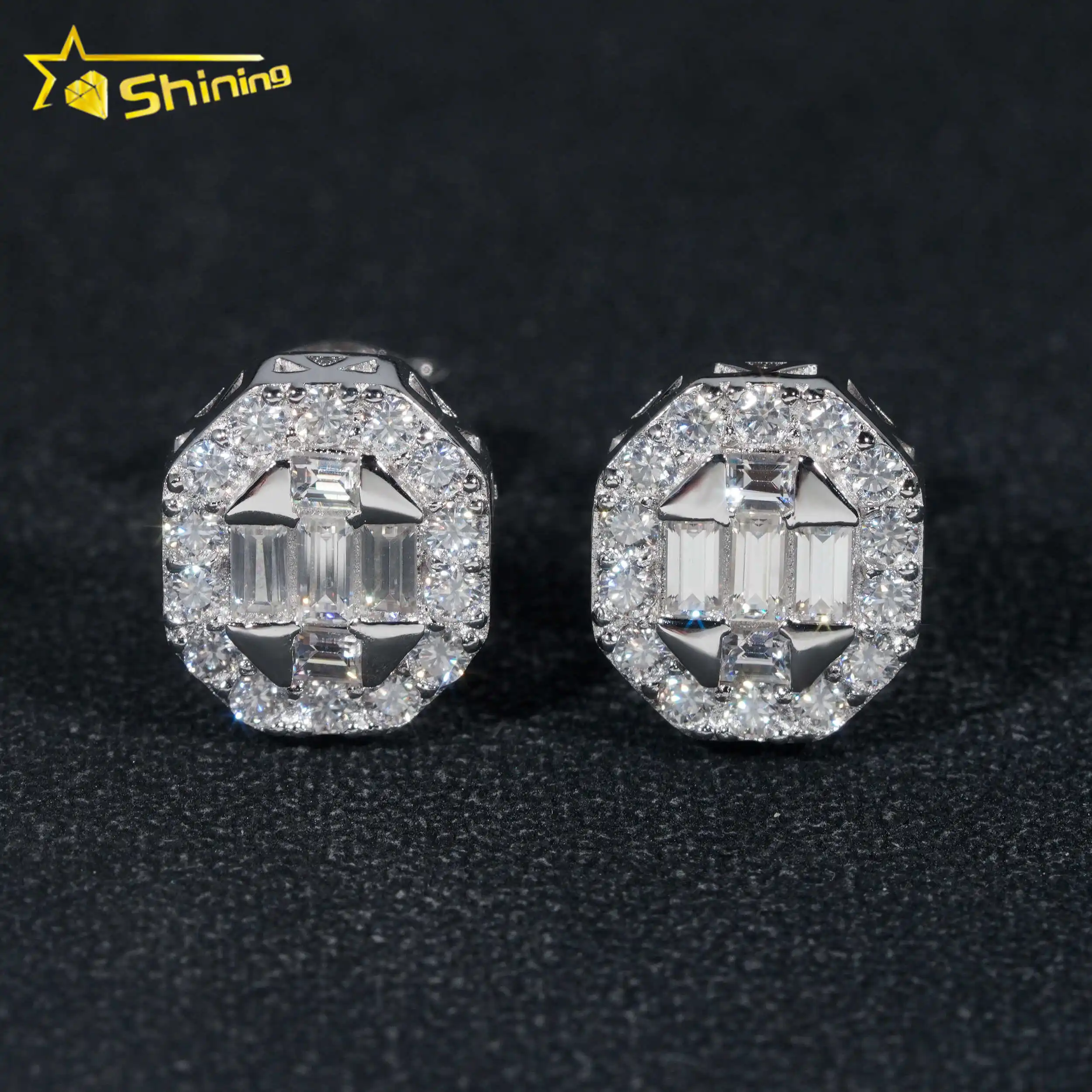 Pass Diamond Tester GRA Certified VVS Diamond 925 Sterling Silver Baguette Moissanite Stud Earrings Men Jewelry