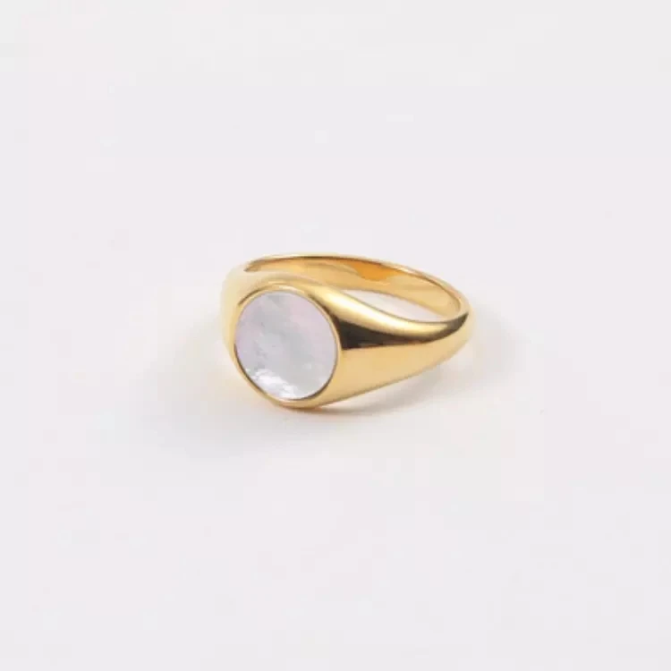 

18K Gold Plated Stainless Steel Signet Round Shell Rings for Women, 18k gold, steel color