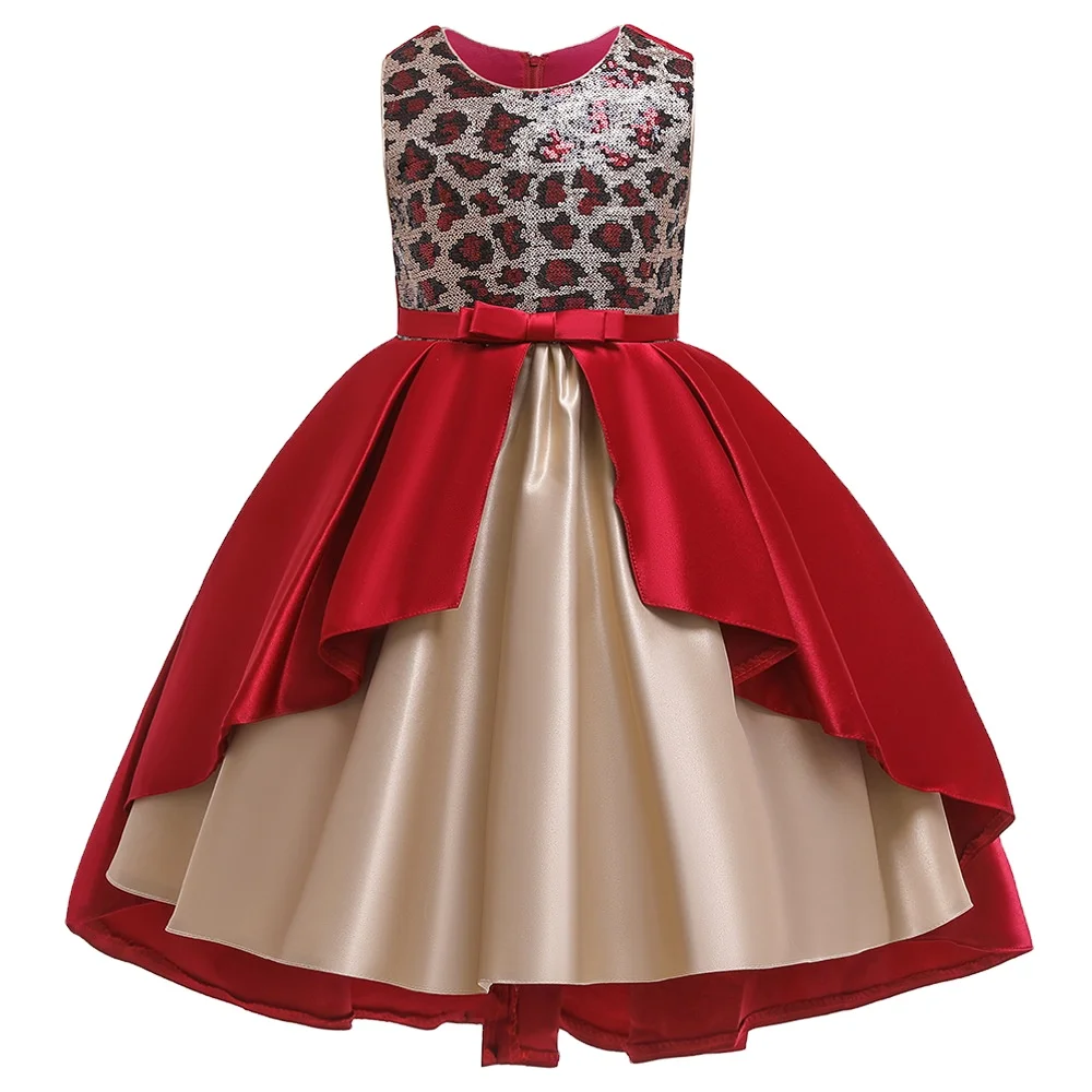 

Children's full dress leopard print satin sleeveless girls' dress host's dress