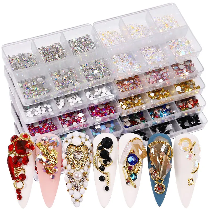 

High Quality 6 Grids Multi Sizes Crystal Rhinestones Box Mix Opal AB Colorful Flatback Glass Strass Nail Art Decorations, Gold, silver, clear, ab, rainbow rosegold