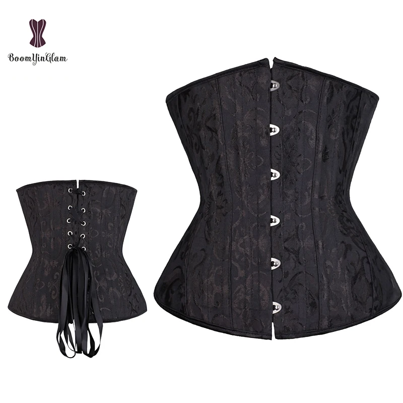 

Satin And Jacquard Material Row Hooks Women Waist Trainers Bustier Black Corselet Underbust 26 Steel Boned Corset, Black,white