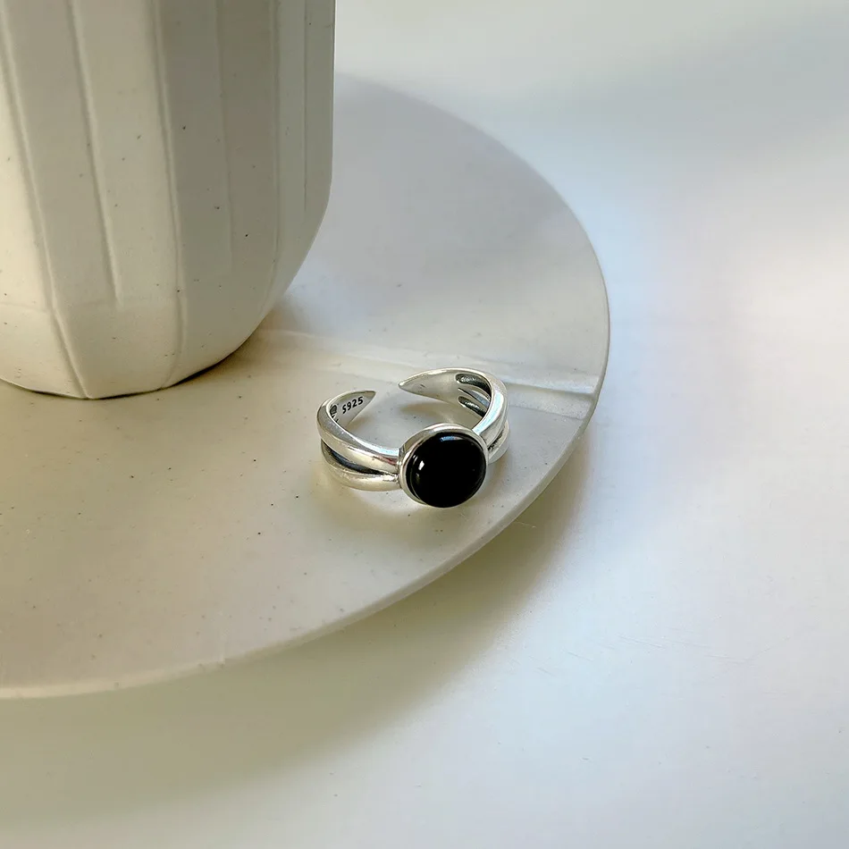 

VIANRLA 925 sterling silver retro black onyx stone adjustable ring for women