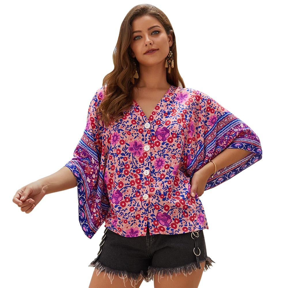 

2019 Fashion design Ladies floral top bohemian new long-sleeved printed sexy loose shirt shirt women top women clothing, Pic