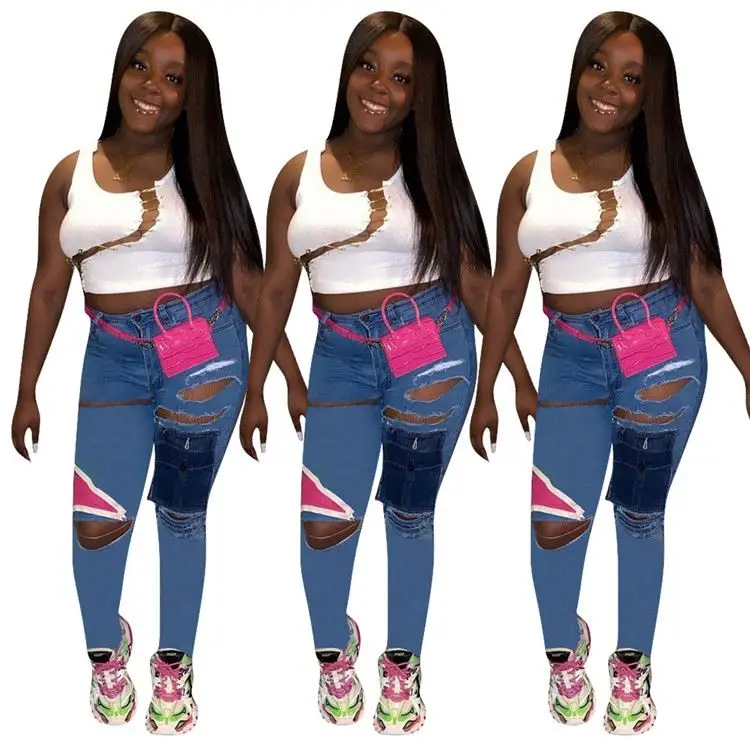 

D96391 Hot Onsale Pocket Patchwork Tight Trousers New Cool Lady Outfits Women Clothing Ripped Jeans Denim Women Pants