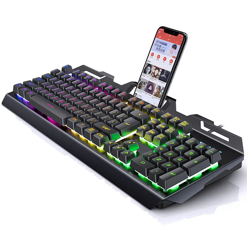 

V2 104 Key Keyboard Mechanical Feel Game Keyboards Waterproof Desktop Wired RGB Gaming Computer Peripheral with Phone Holder, Red/black