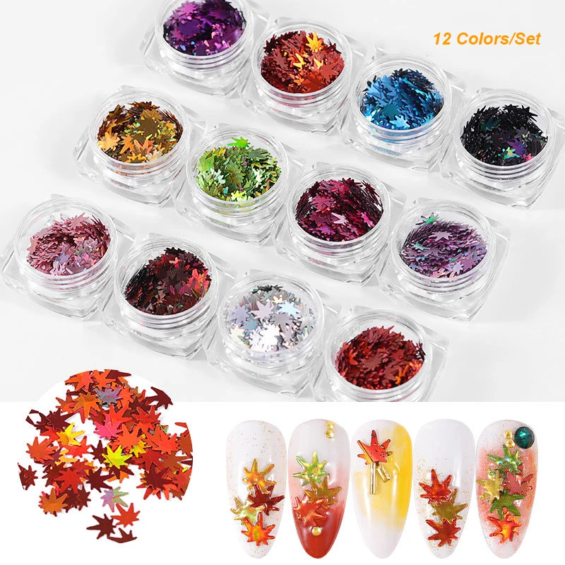 

12 Pcs/Set Maple Leaves Nail Art Sequins Holographic Glitter Flakes Paillette Chameleon Stickers For Nails Autumn Design Decor, Mixed color