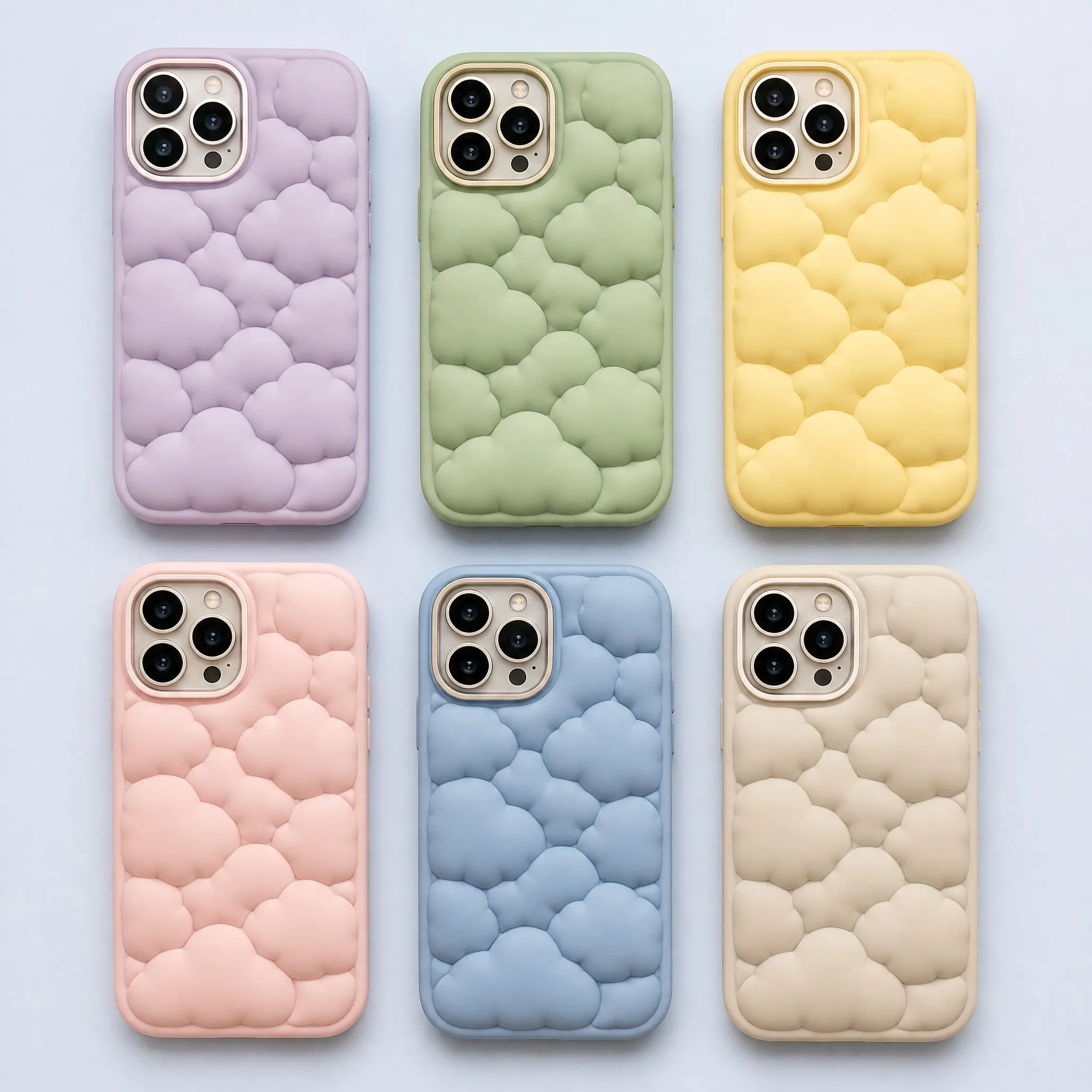 6 Pastel Aesthetic Colorways of Cloud Bubble Puffer Silicone Phone Cases: Lilac Purple, Sage Green, Butter Yellow, Baby Pink, Slate Blue, Warm Greige