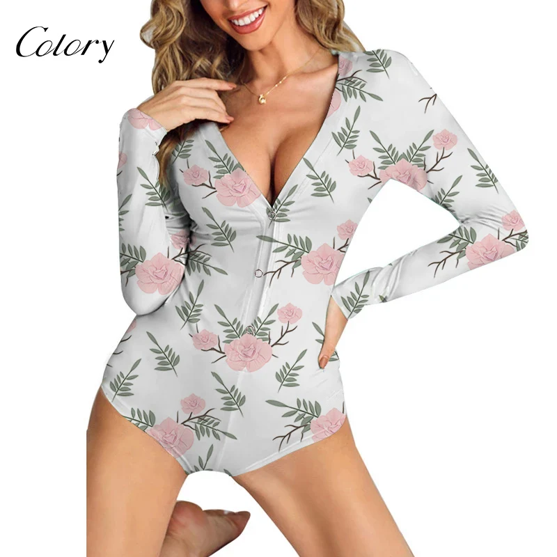 

Colory Fashion Pajama Set Luxury Brand Butt Flap Sexy Flower Print Pajamas Onesie, Picture shows