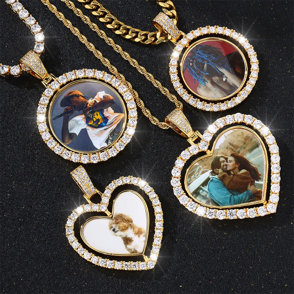 Custom Revolving Photo Frame Pendant Zircon Hip Hop Brass Iced Necklace Rotatable Feature Picture Memory Fashion Pendant Rope